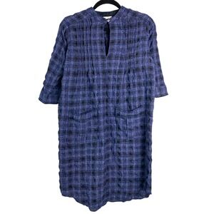 Poetry Womens Wool Plaid Dress 6 Blue Pockets 3/4 Sleeve‎ V Neck Cottagecore